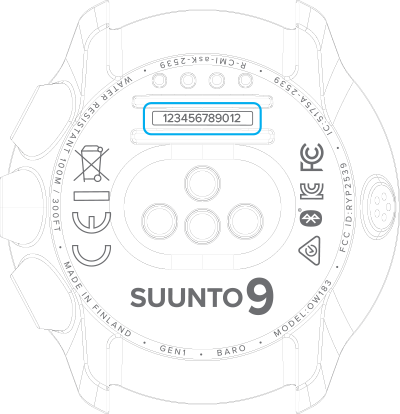 Расположение серийного номера на корпусе на часах Spartan Sport WHR и Suunto 9