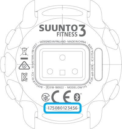 Расположение серийного номера на часах Suunto 3 Fitness