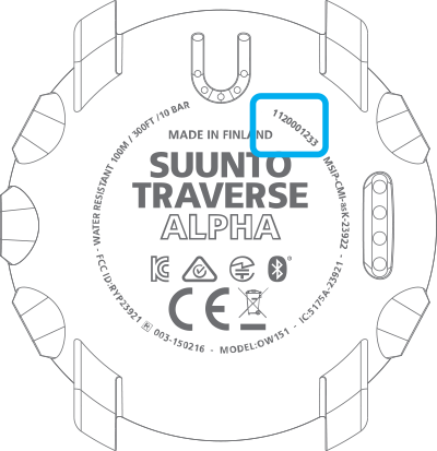 Расположение серийного номера на часах Suunto Traverse Alpha