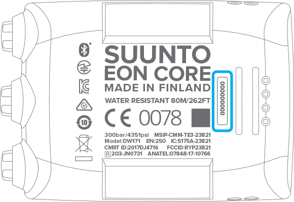 Расположение серийного номера на дайв-компьютере Suunto EON Core
