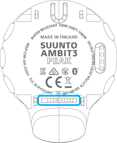 Расположение серийного номера Suunto Ambit 3 Peak